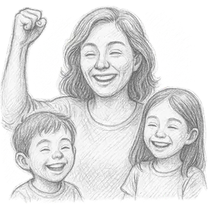 La mamá festeja junto a sus hijos, haber podido hacer la compra en Juguetes de Madera, de manera muy simple y rápida