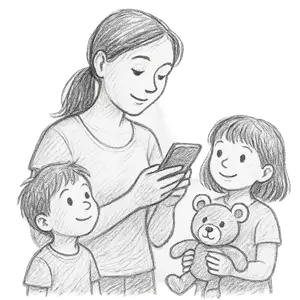 Mama comprando productos en juguetes con madera